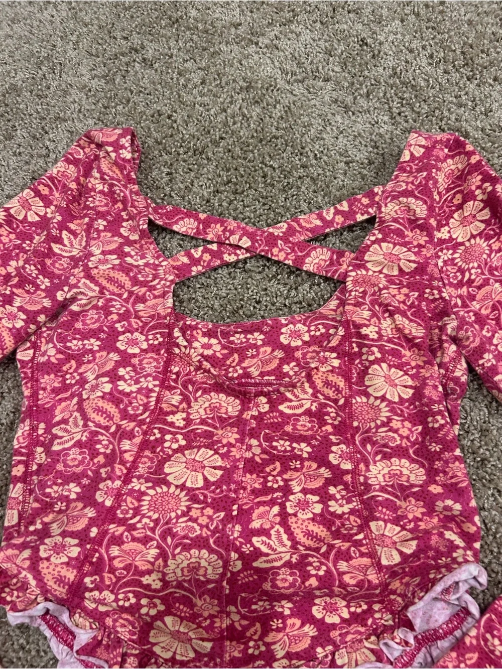 Free People Pink Floral Ruffled Long-Sleeve Crop Top